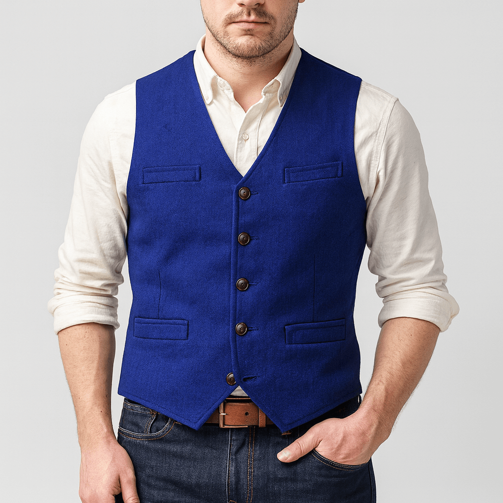 Side view showing the tailored fit of a men's button vest