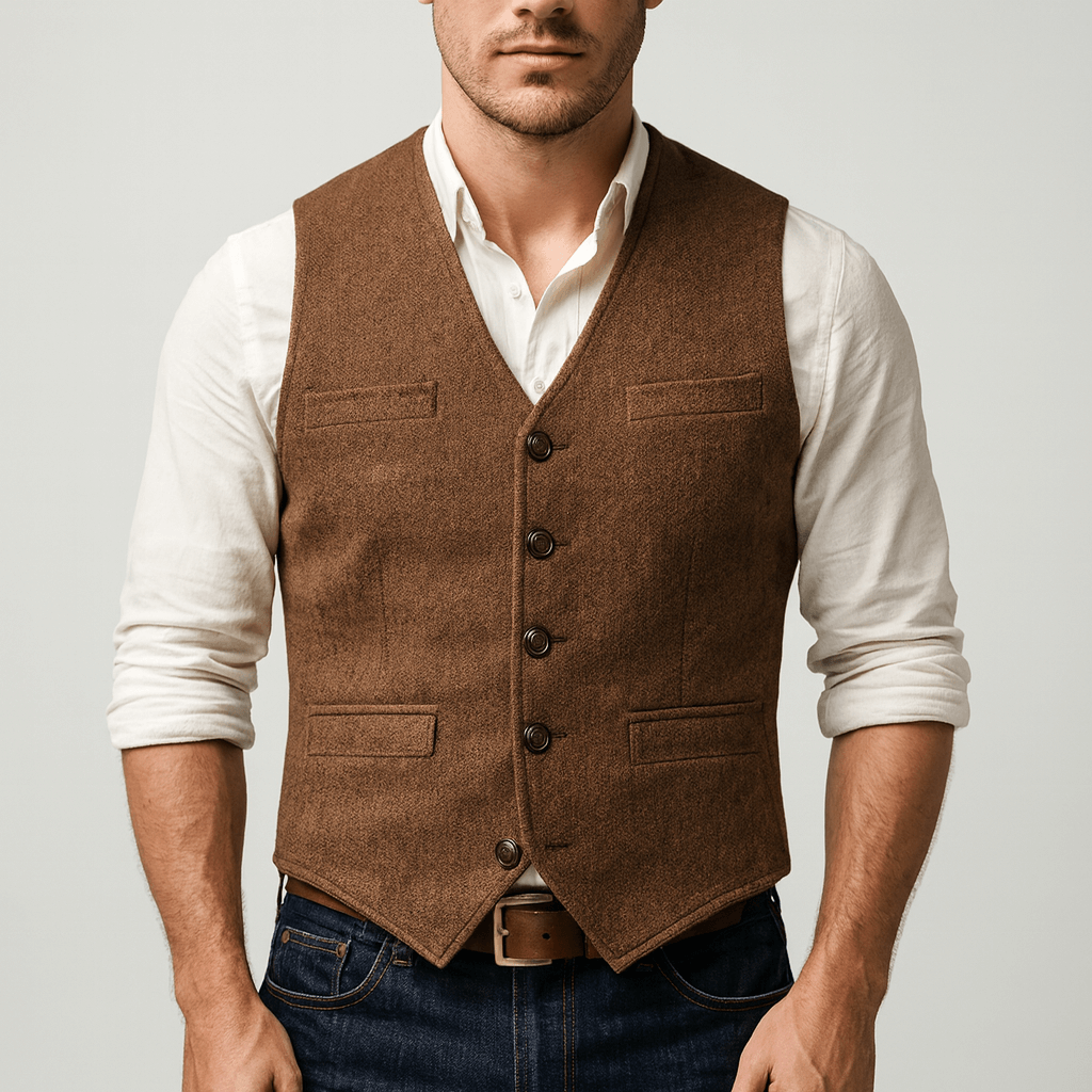 Back view of a classic men's tweed-style button vest