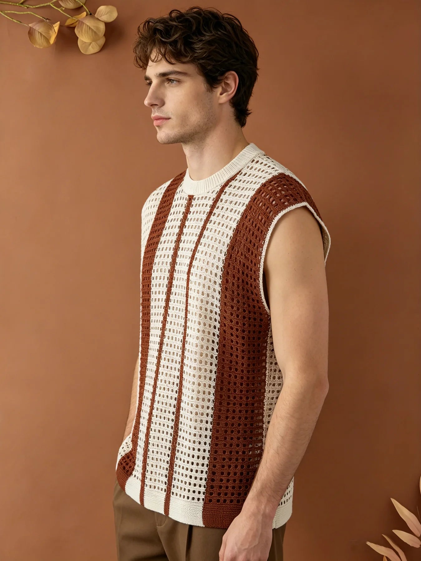 Men Hollow Out Striped Knit Vest Loose Fit