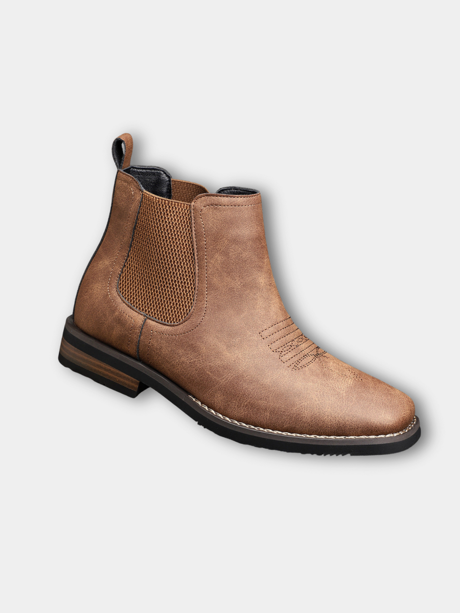 Men's classic leather boots shown together from the front