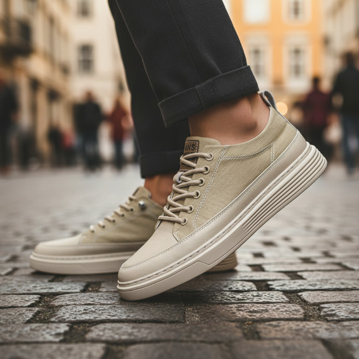 Men's leather sneakers styled as versatile casual footwear