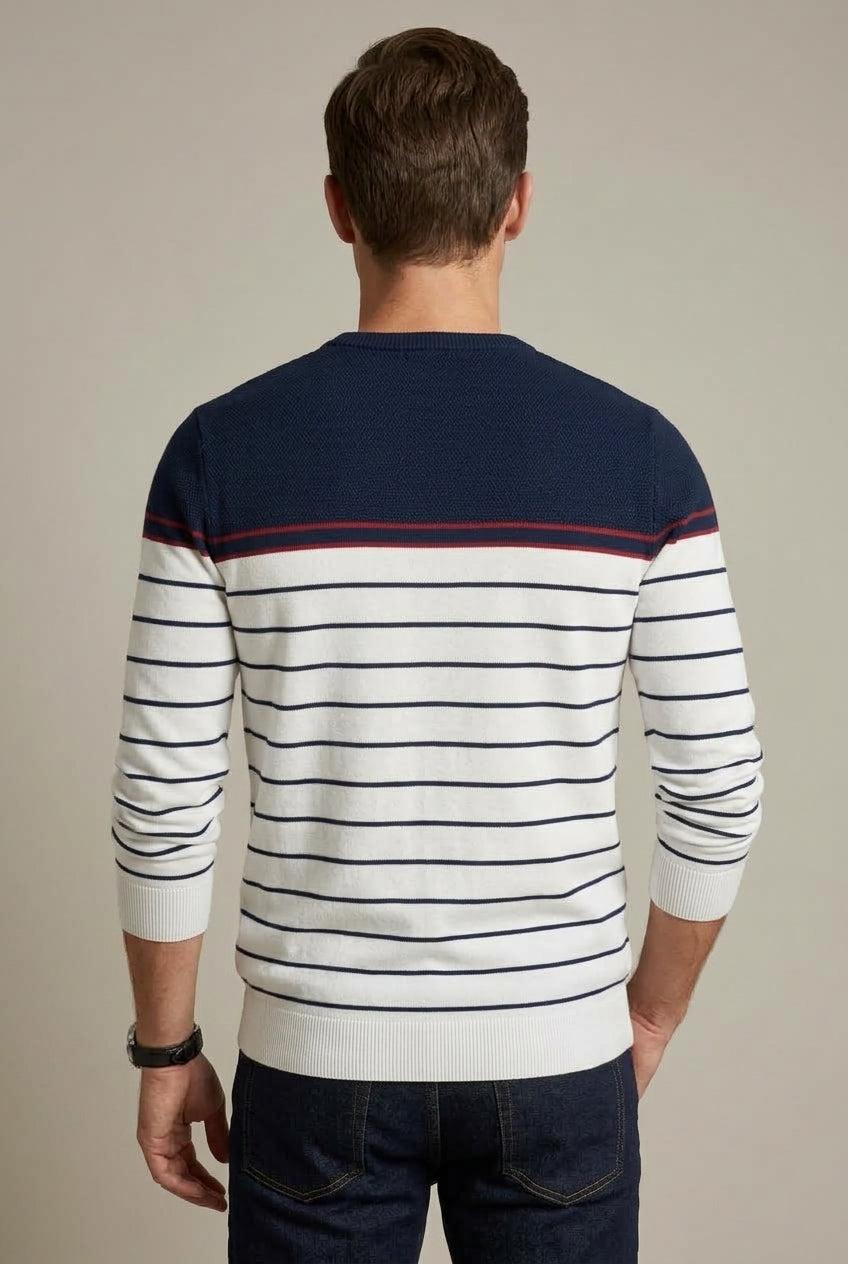 Men's striped sweater with classic crew neck detail
