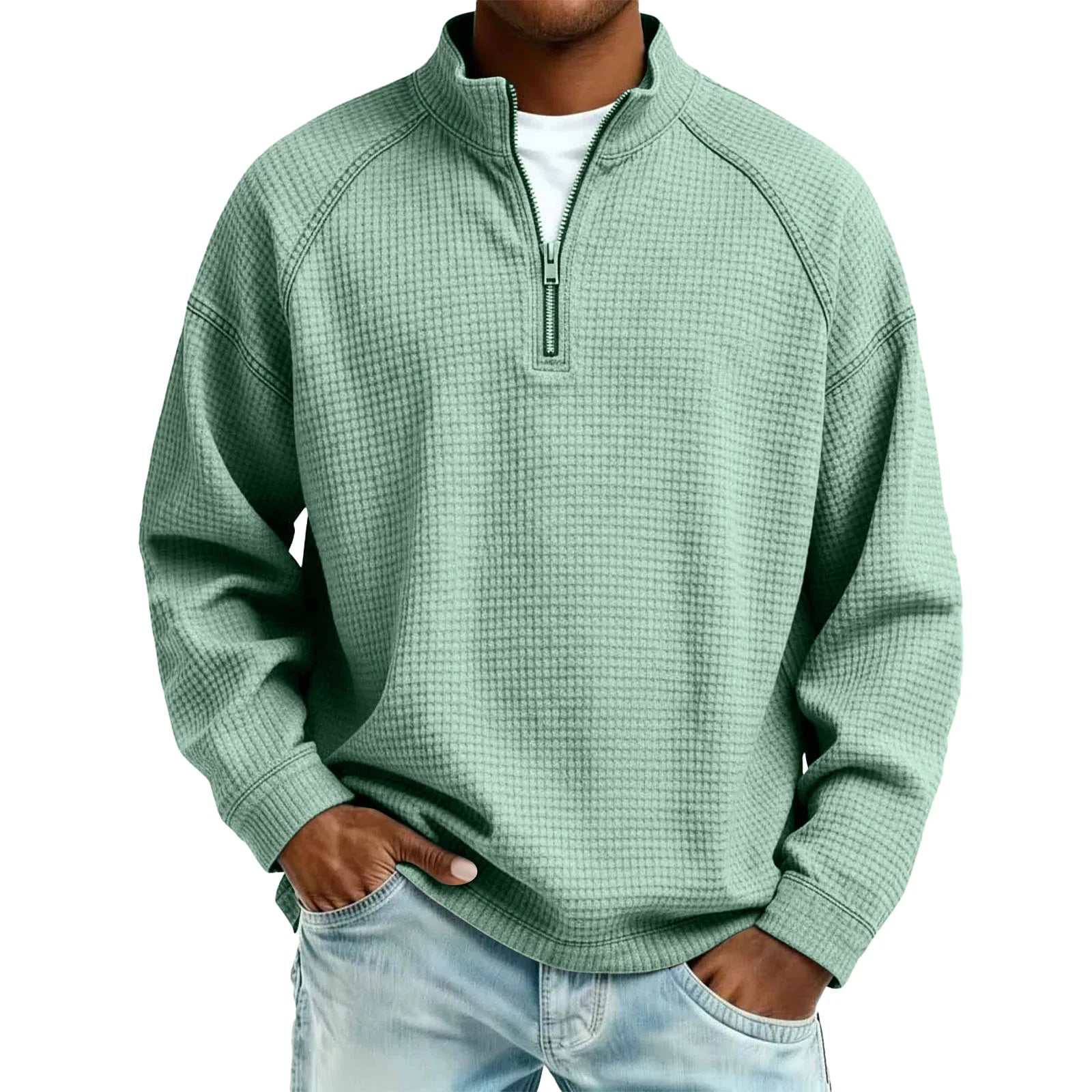 Men Waffle Knit Quarter Zip Pullover Loose Fit Casual Top