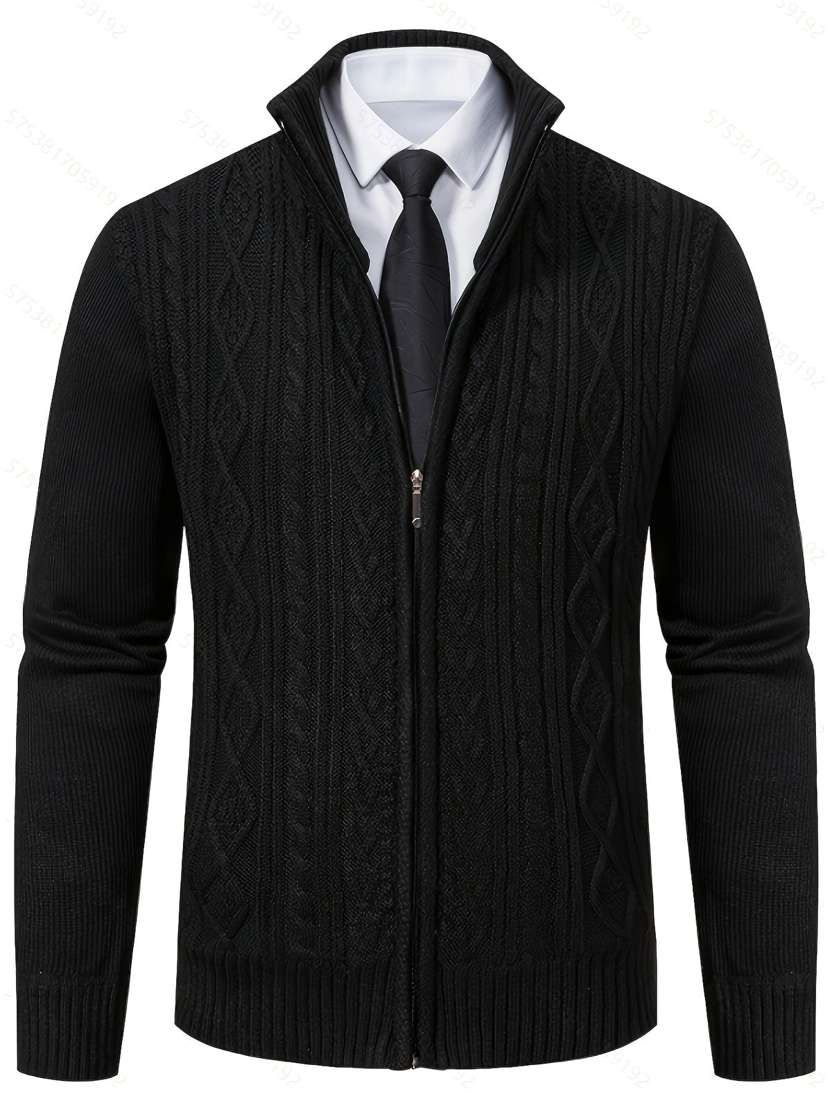 Side view showing the structured fit of a men's stand-collar cardigan