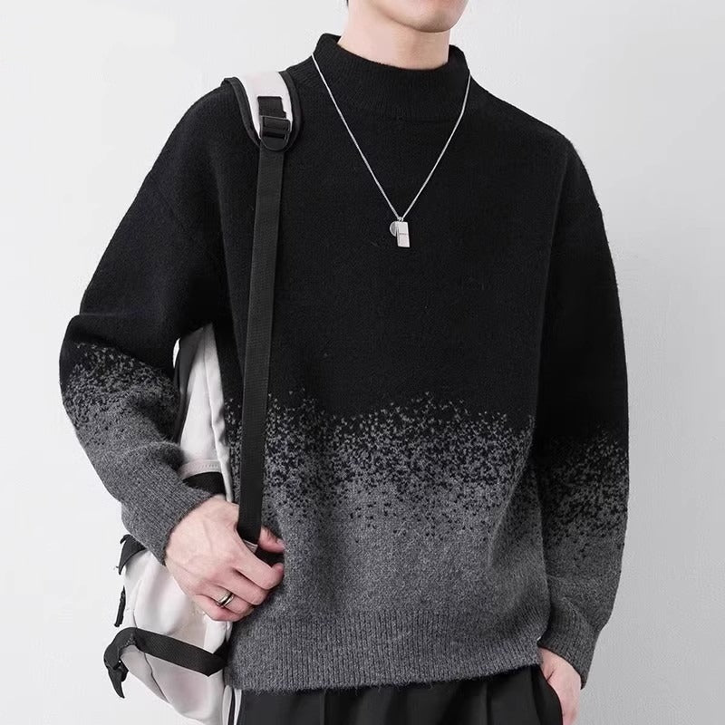 Front view of a men's gradient knit sweater with a classic pullover design