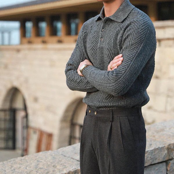 Men's sweater showing the button closure and ribbed knit detailing