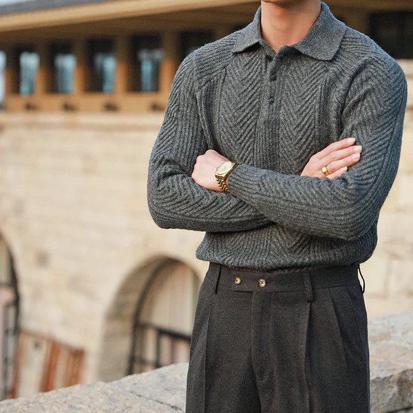 Full view of a men's textured knit button collar sweater