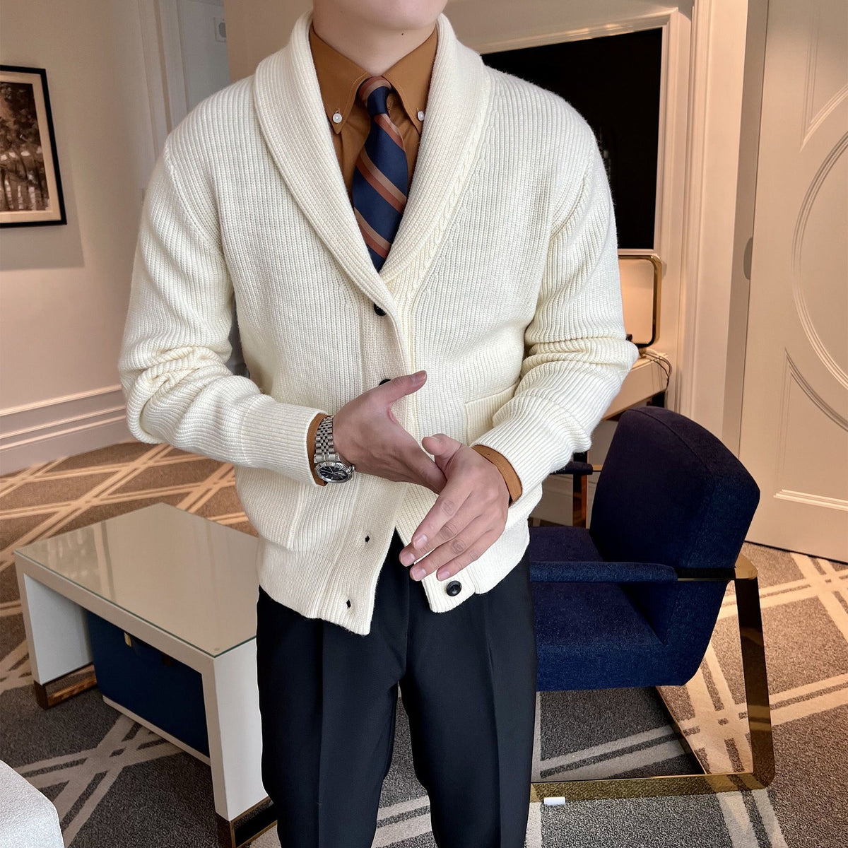 Front view of a men's V-neck cardigan in a slim fit