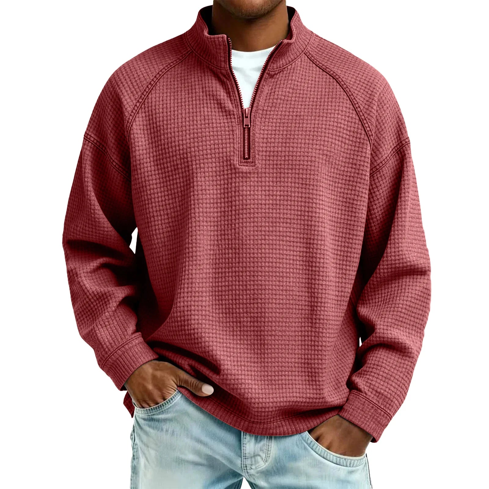 Men Waffle Knit Quarter Zip Pullover Loose Fit Casual Top