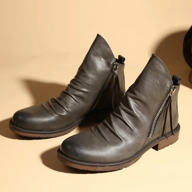 Everyday men's leather boots presented as versatile casual footwear