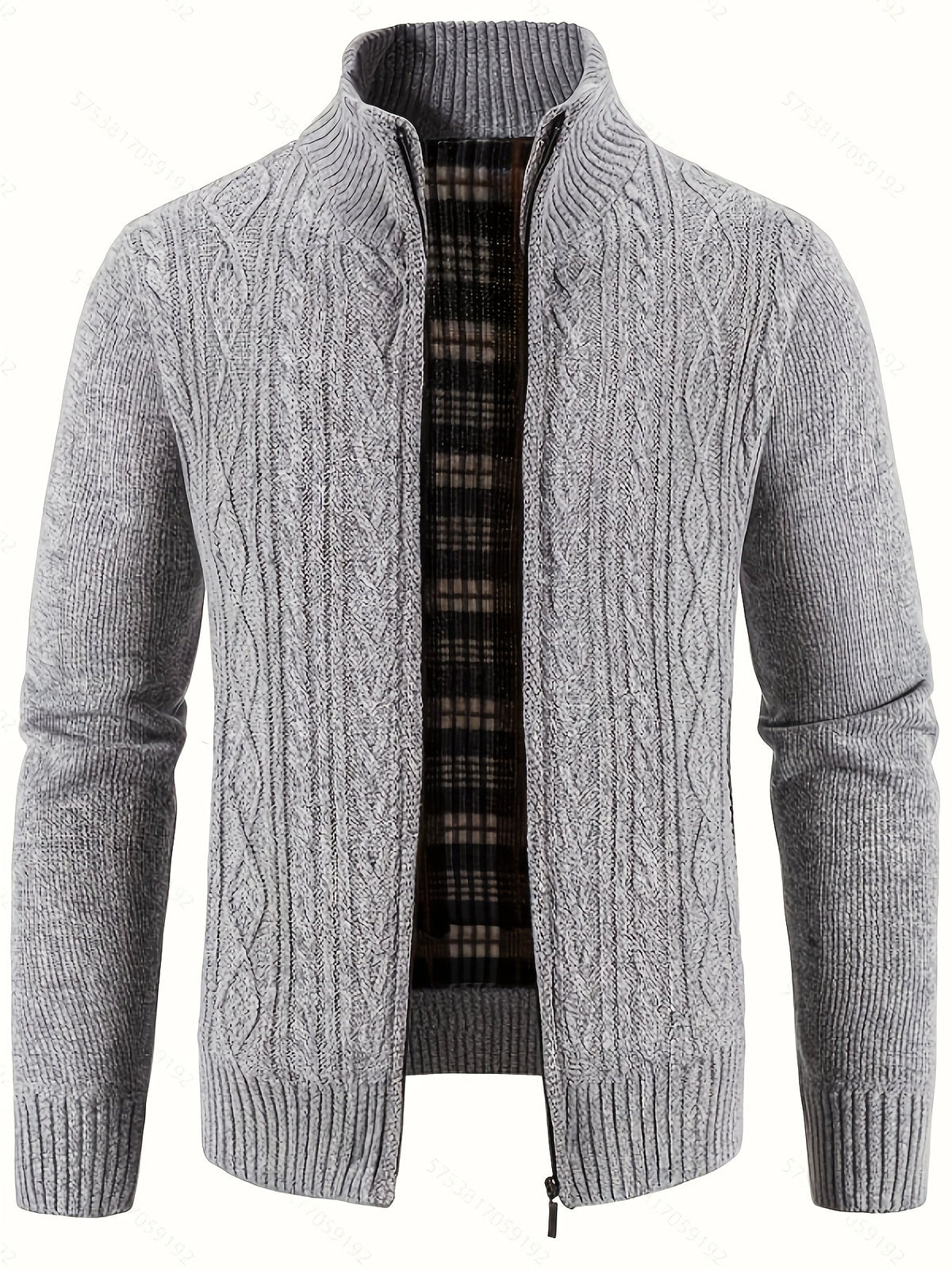 Detail of the ribbed trim on a men's stand-collar cardigan