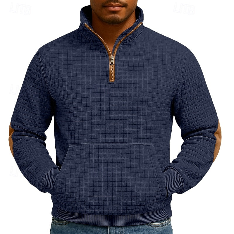 Close-up of the textured fabric and quarter-zip neckline