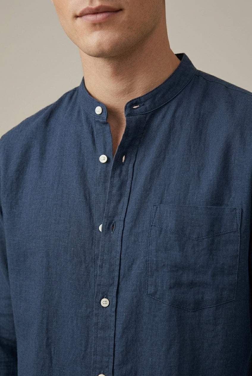 Men's linen blend band collar shirt showing the long sleeve design