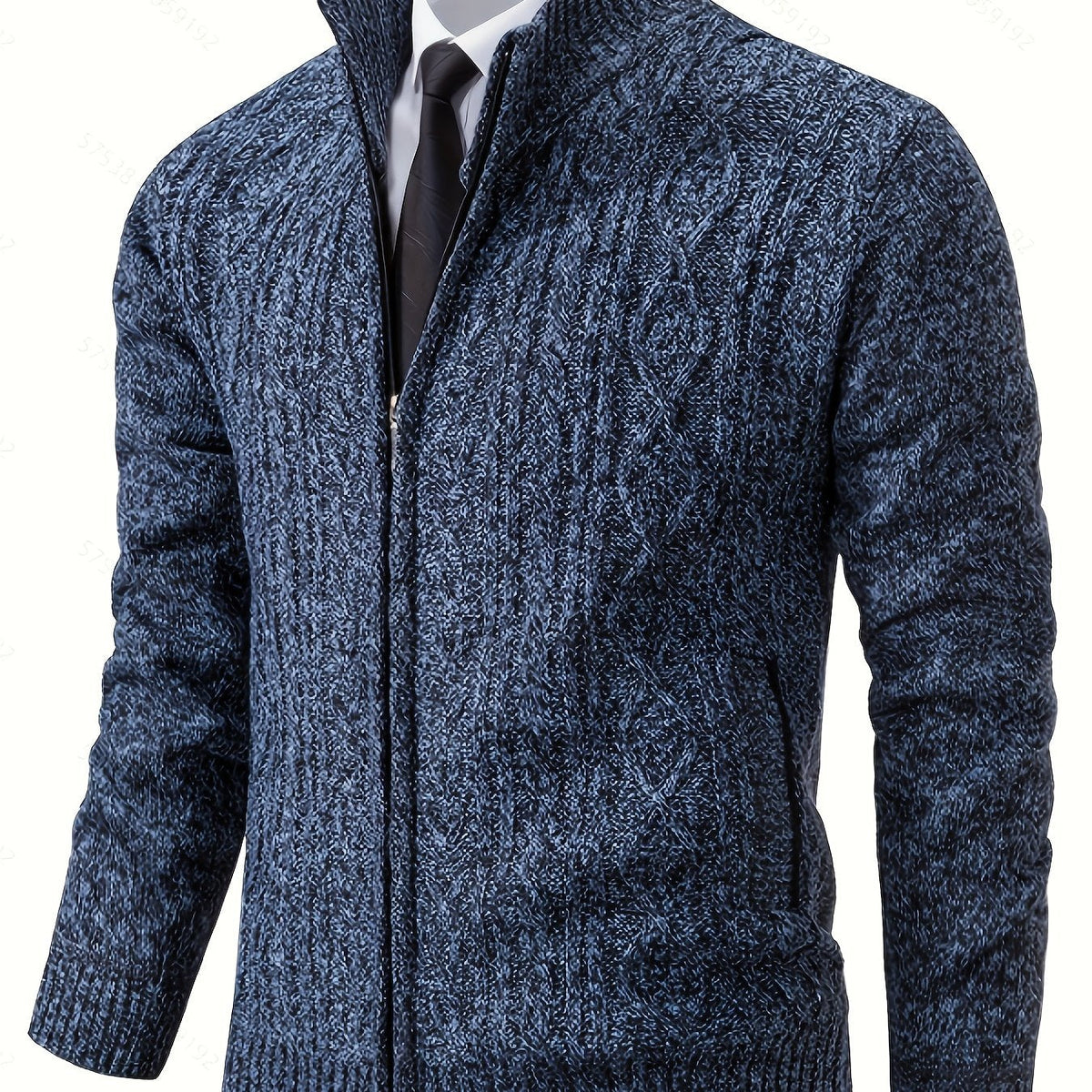 Men's Textured Knit Zip Cardigan With Stand Collar