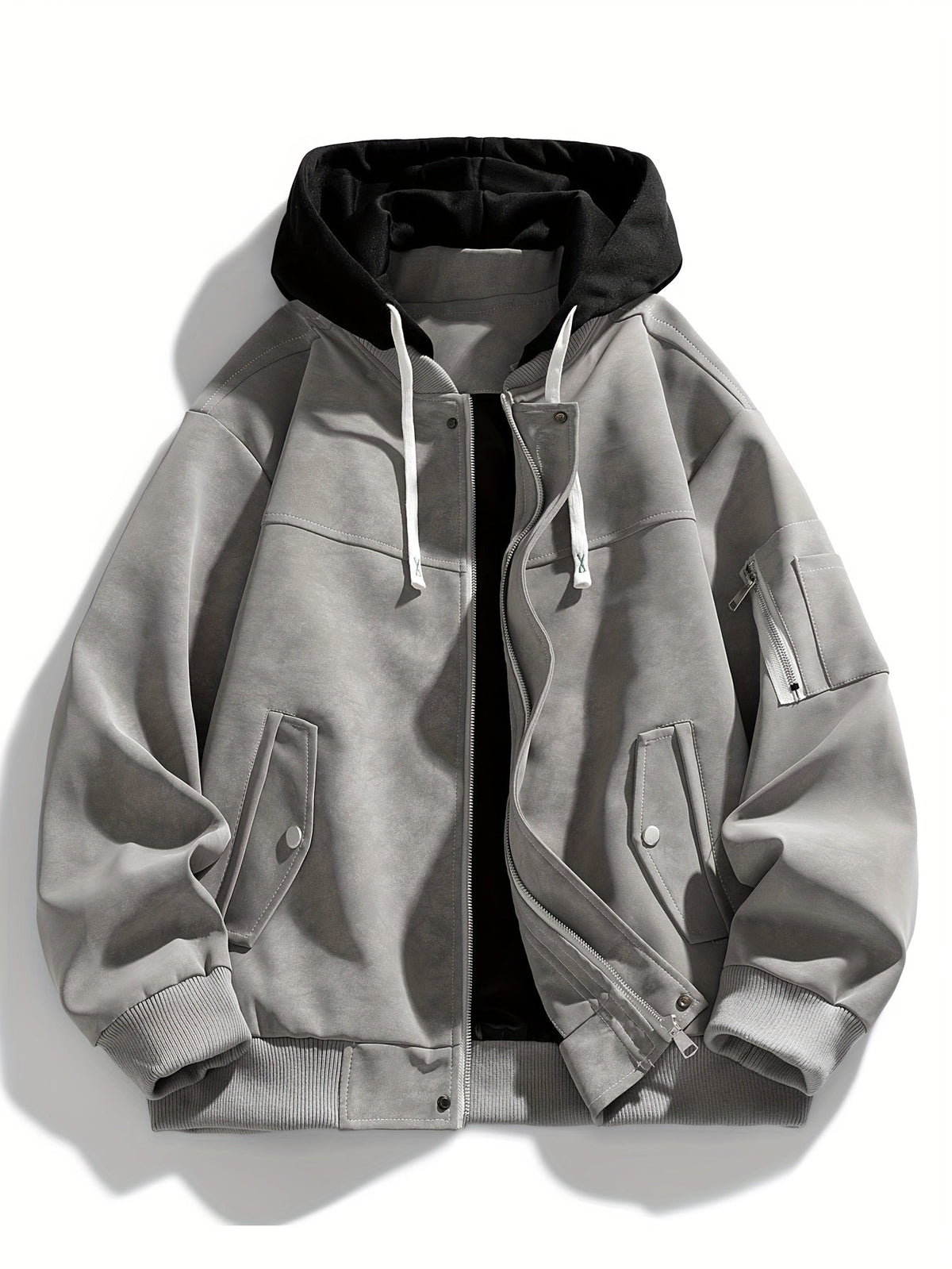 Sporty jacket showing its hooded design and zip closure