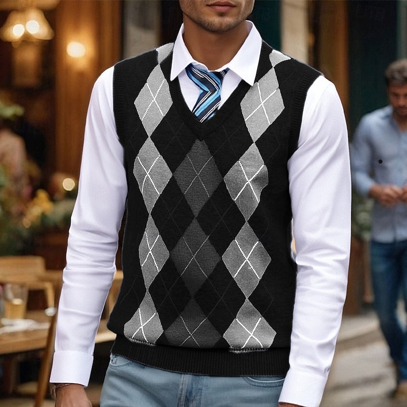 Close-up view of the men's sweater vest showing its classic argyle knit pattern