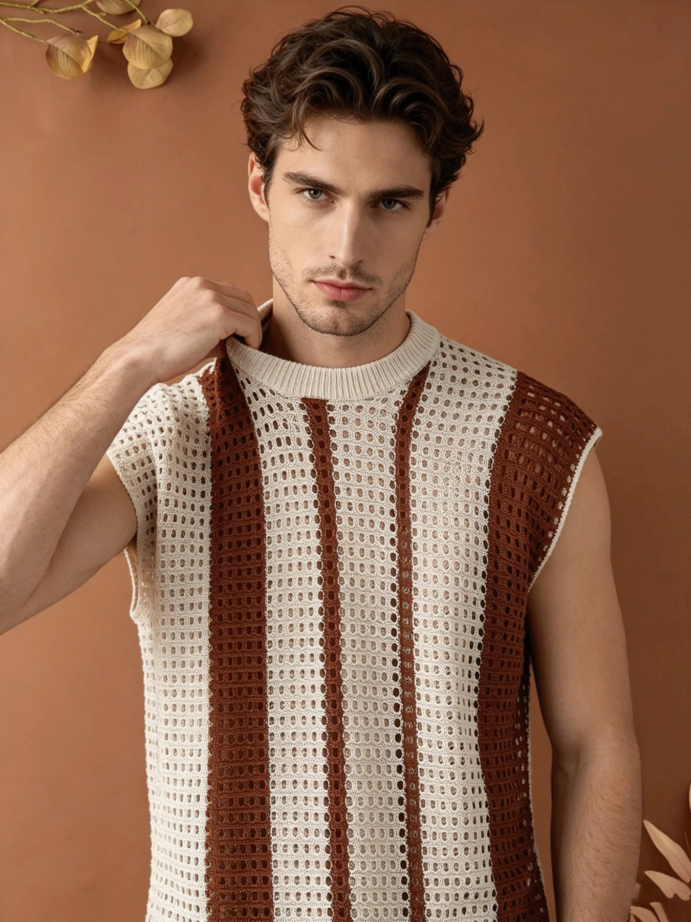 Men Hollow Out Striped Knit Vest Loose Fit