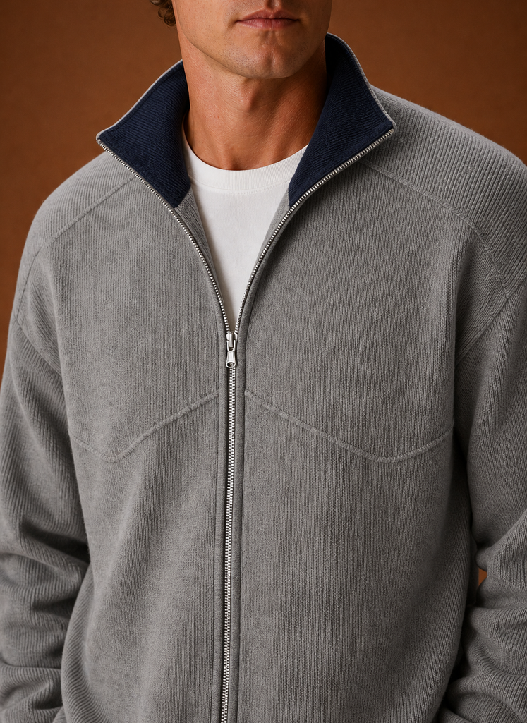 Men's cardigan jacket styled as an everyday layering piece