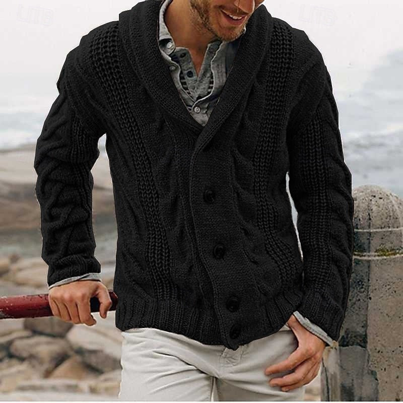 Side view of a men's cable knit cardigan