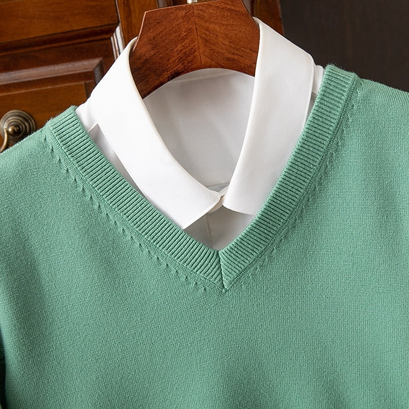 Men's sweater neckline showing the classic V-neck shape