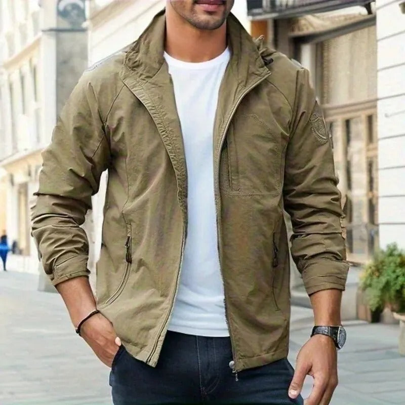 Front view of men's hooded jacket with full-zip closure
