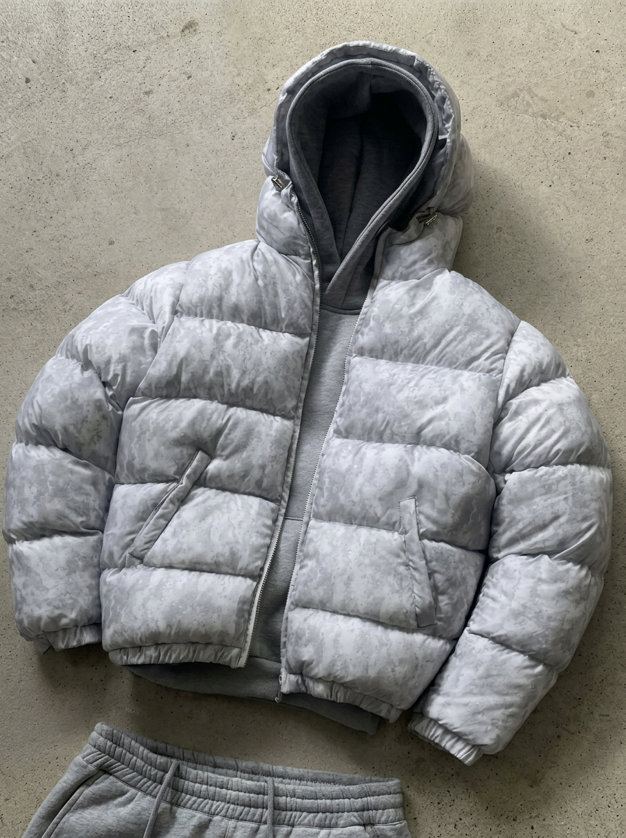 Close-up of the hood and zip closure on a men's puffer jacket