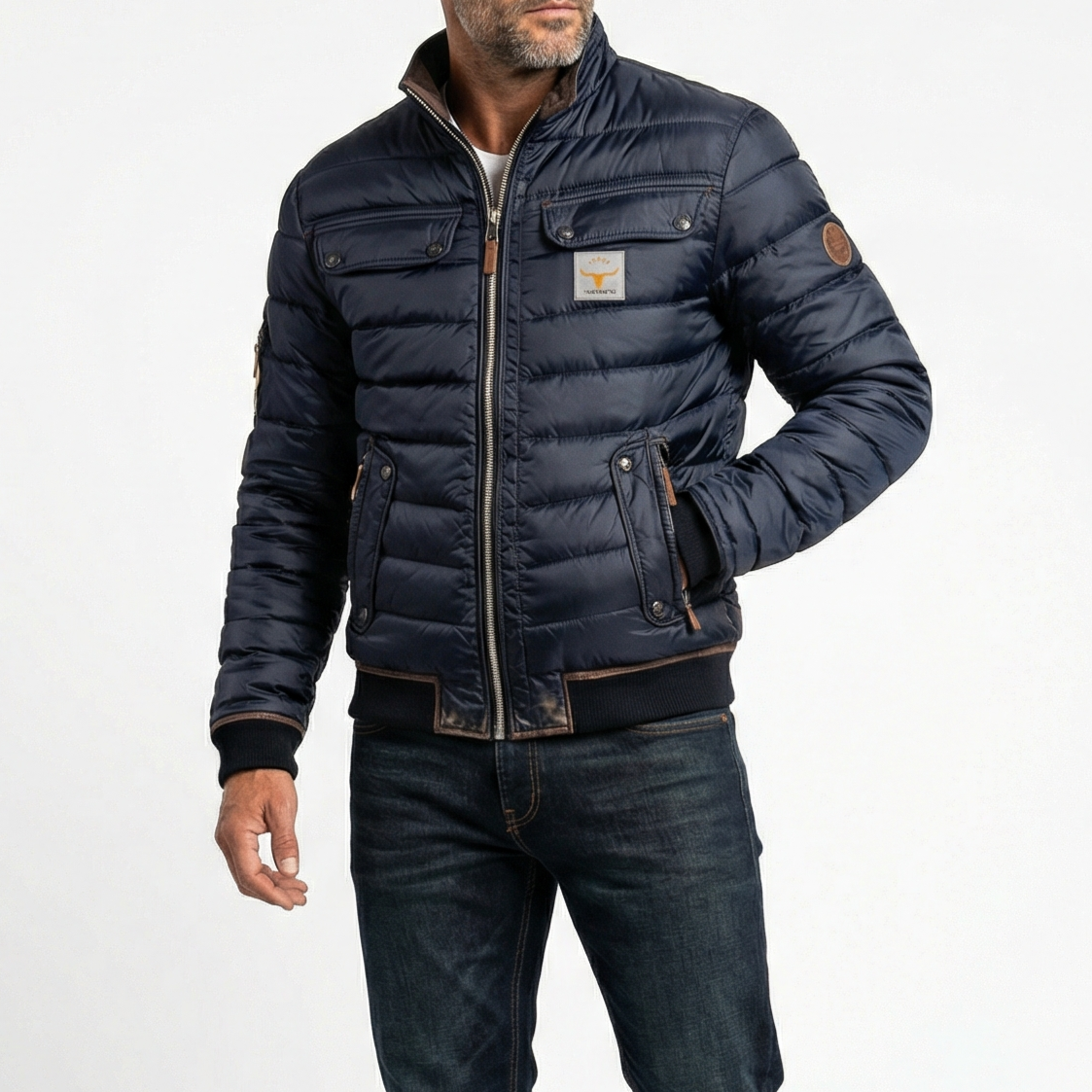 Men's vintage jacket highlighting the structured stand collar
