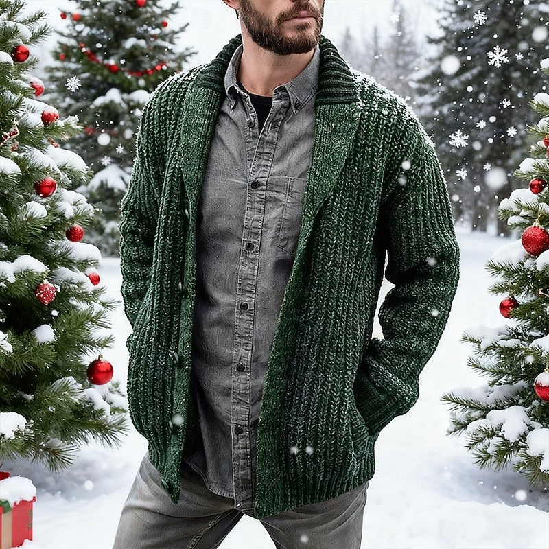 Chunky knit cardigan with a shawl collar shown from the front