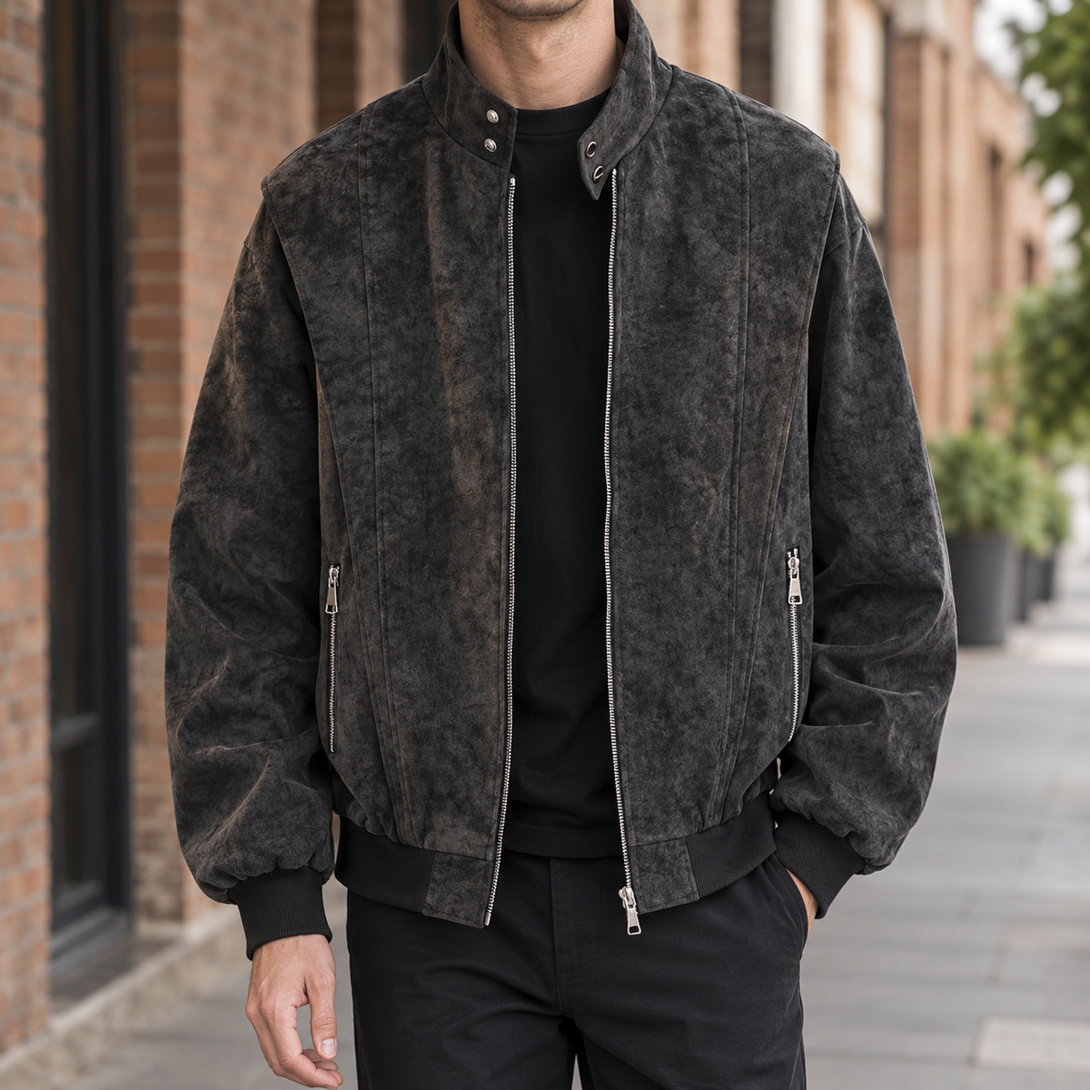 Men's brushed casual jacket with a stand collar shown from the front