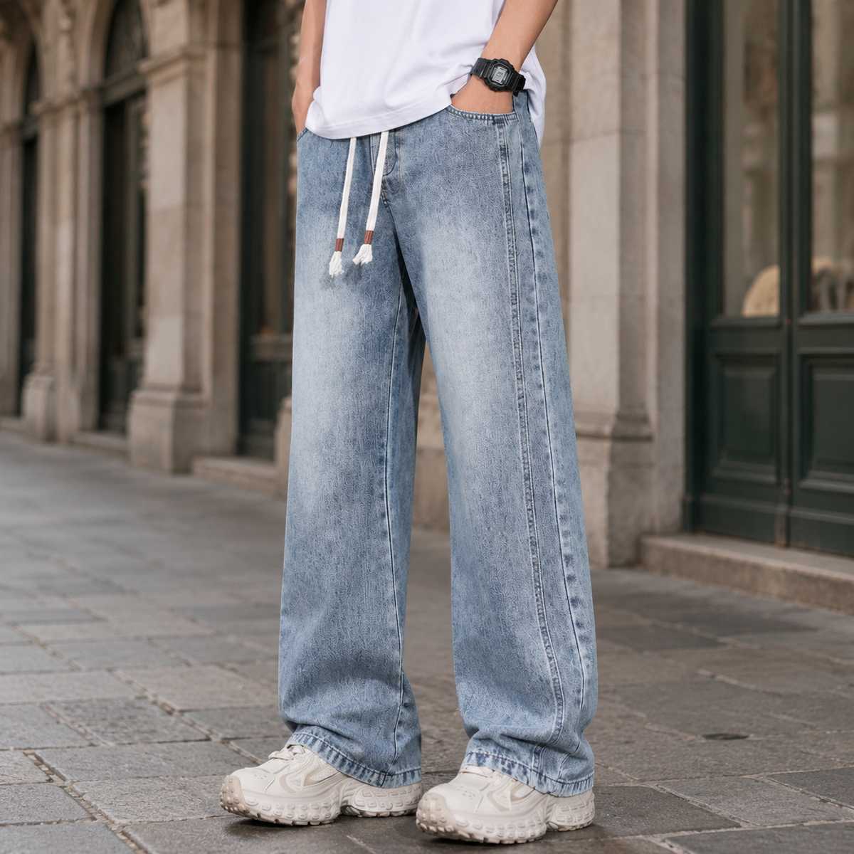 Relaxed wide leg jeans displayed in a full-length product view