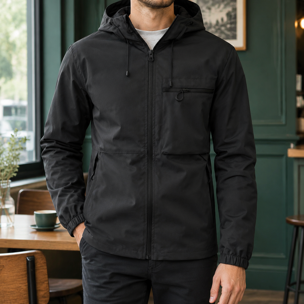 Hooded woven blend jacket shown from the front