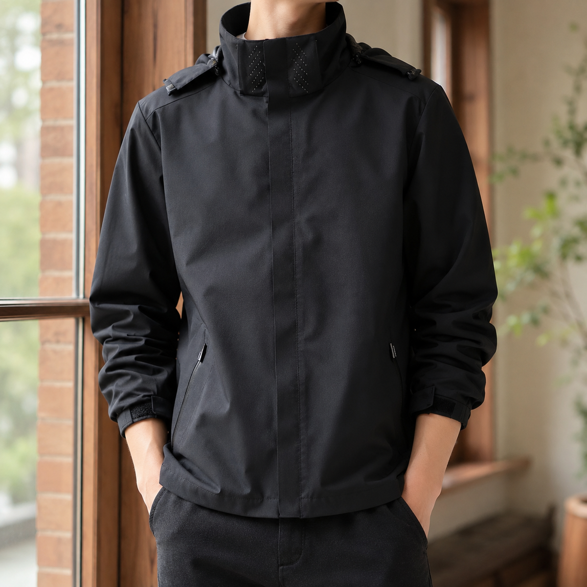 Hooded woven jacket displayed from the front with a high collar