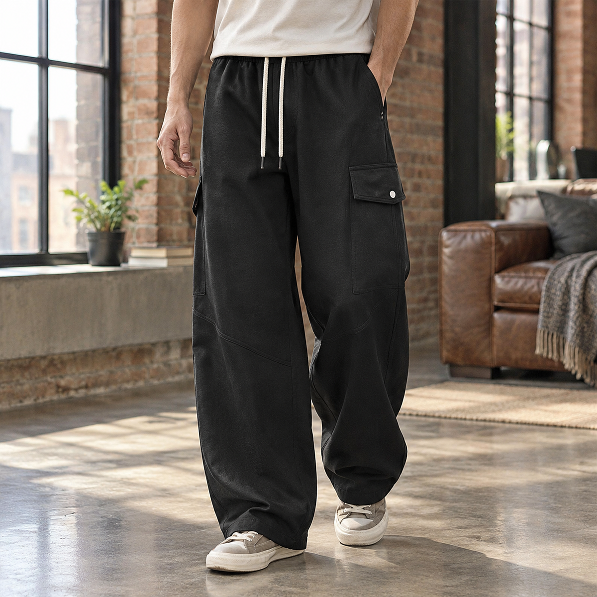 Wide-leg cargo pants shown with a relaxed fit and drawstring waist