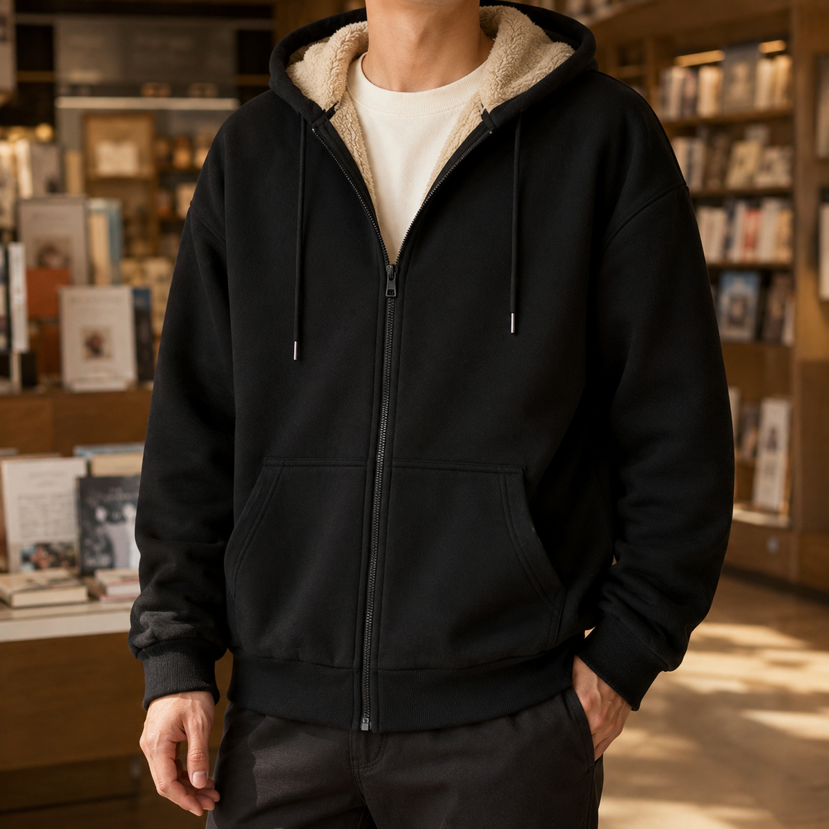 Sherpa-lined full-zip hoodie shown from the front with a cozy hood and long sleeves