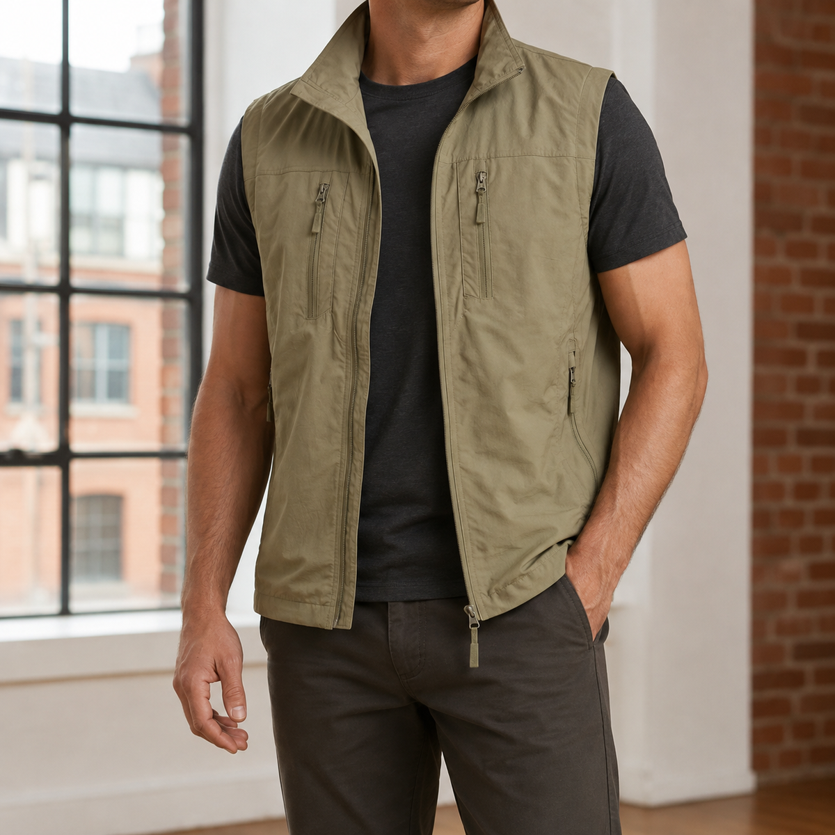 Front view of a lightweight woven utility vest for women
