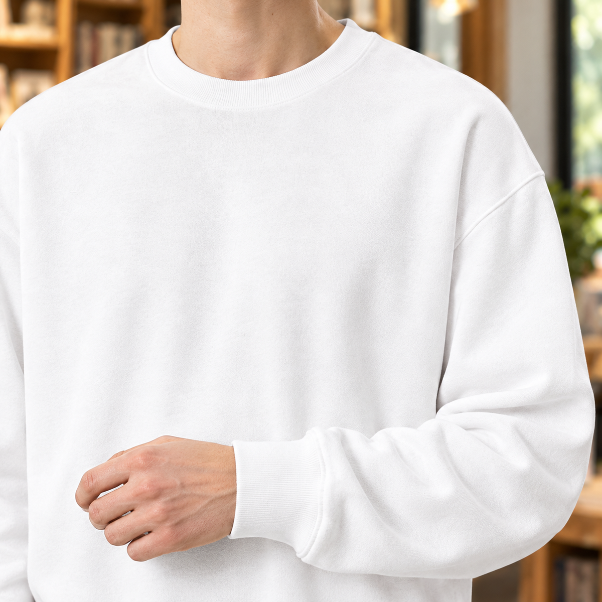 Front view of a relaxed fit crew neck sweater