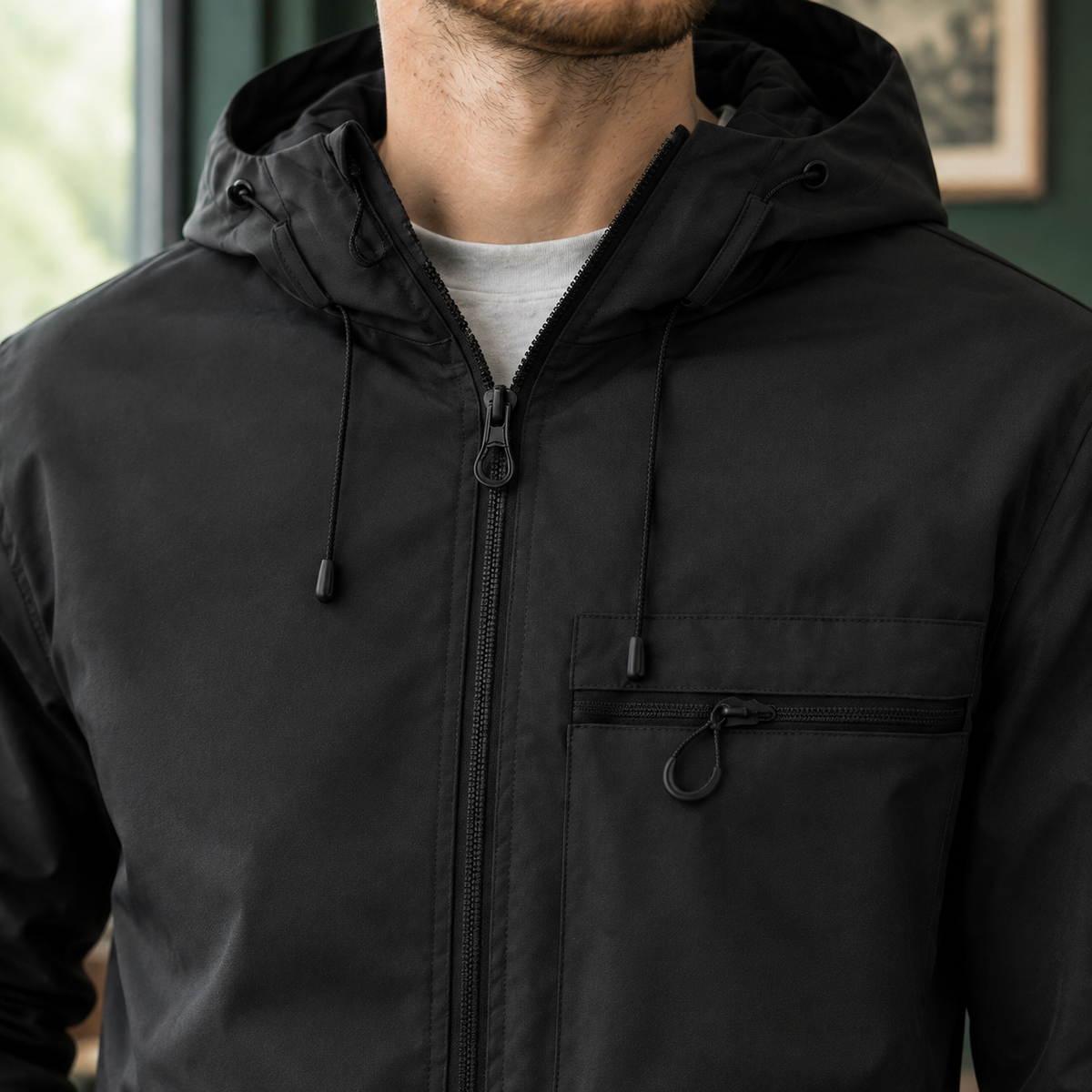 Hooded woven blend jacket displaying its attached hood