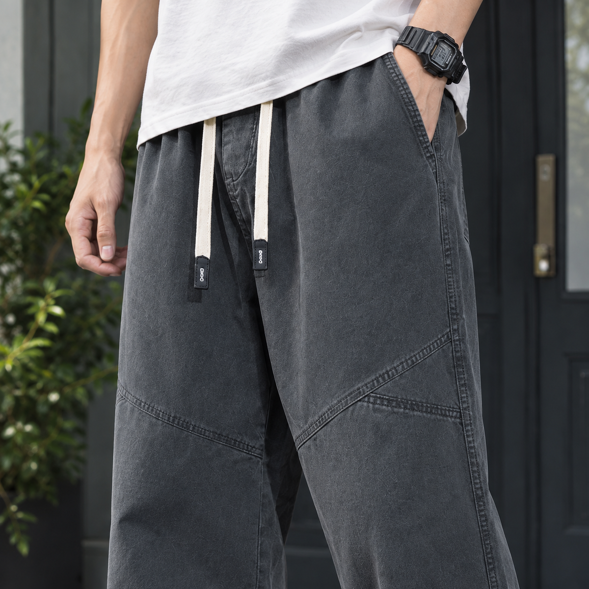 Side view of relaxed straight-leg cotton pants with a comfortable fit