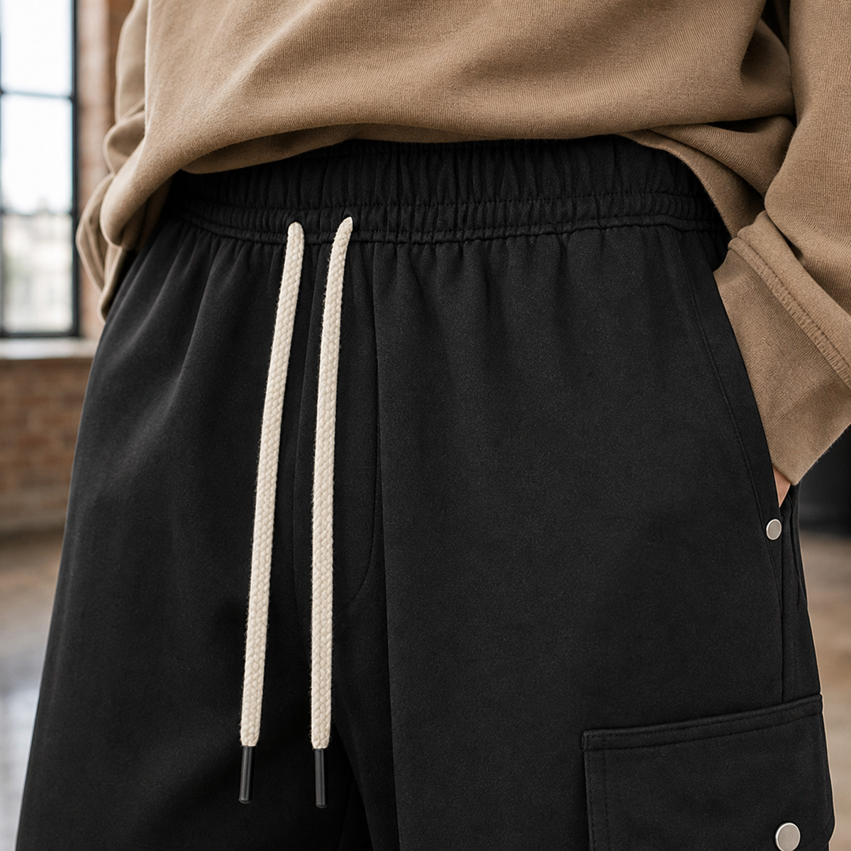 Close-up of the drawstring waist and utility pocket details on cargo pants