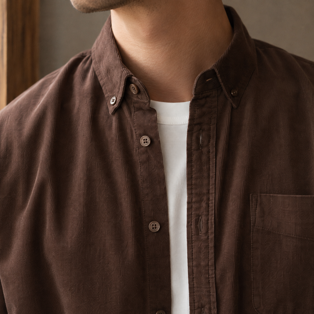 Back view of the textured woven relaxed overshirt