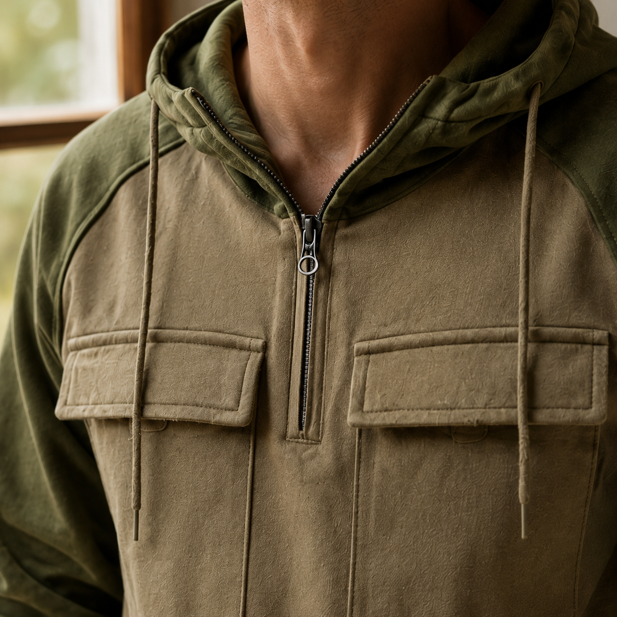 Gray cotton blend utility hoodie shown from the back