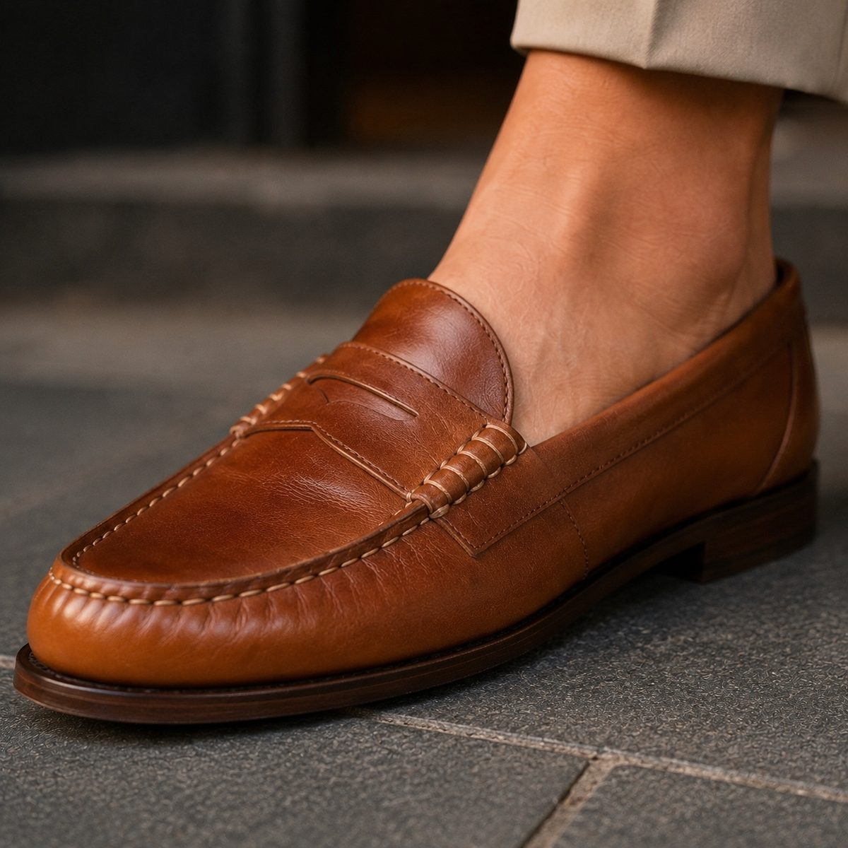 Close-up view of the penny loafer vamp and classic leather construction