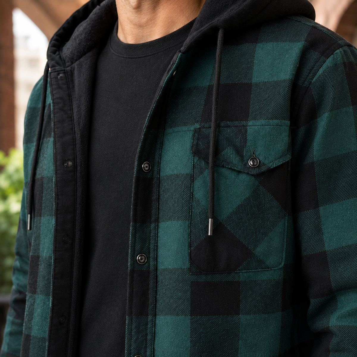 Men's plaid denim shirt jacket with hood shown from the back