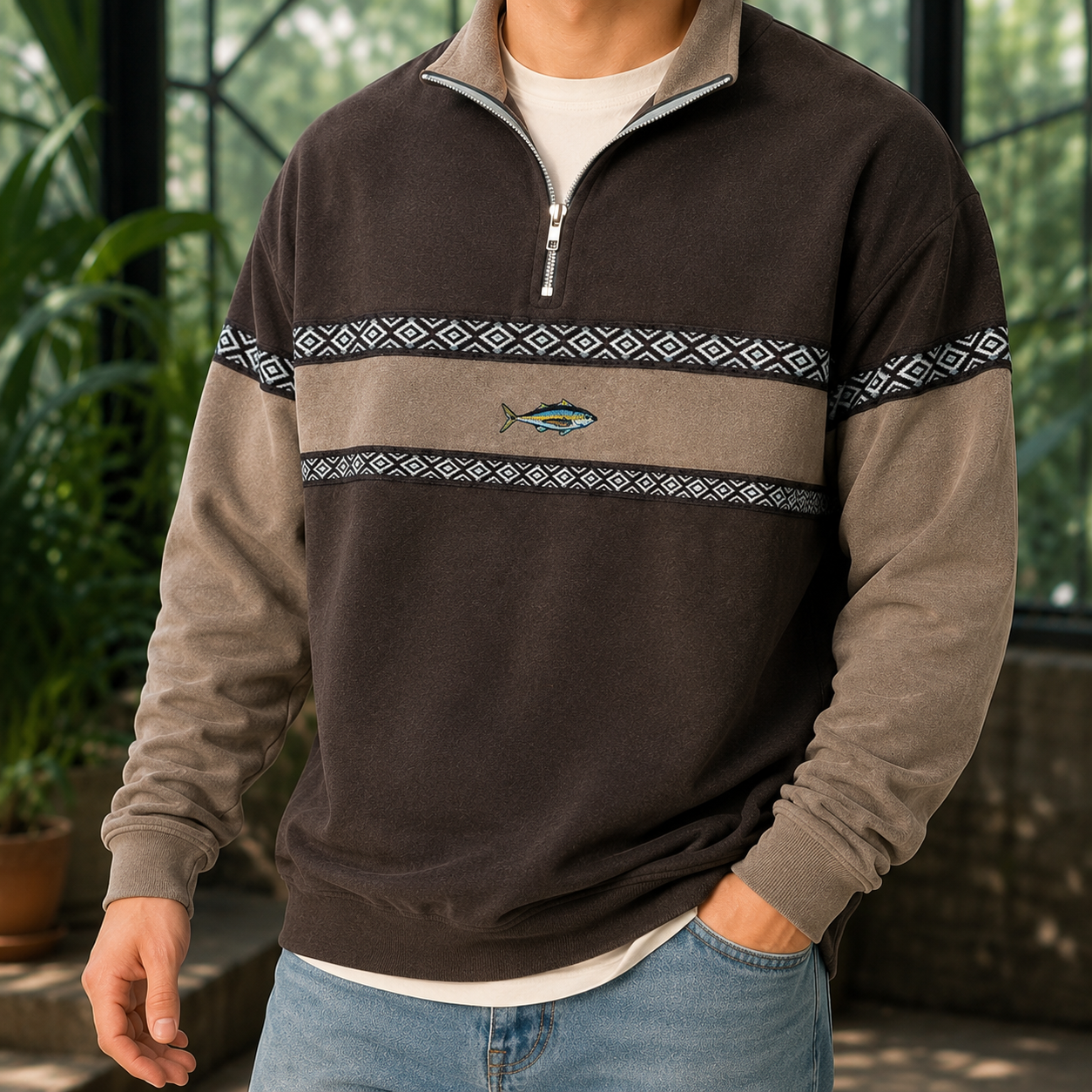 Close-up of the quarter-zip collar and geometric chest bands