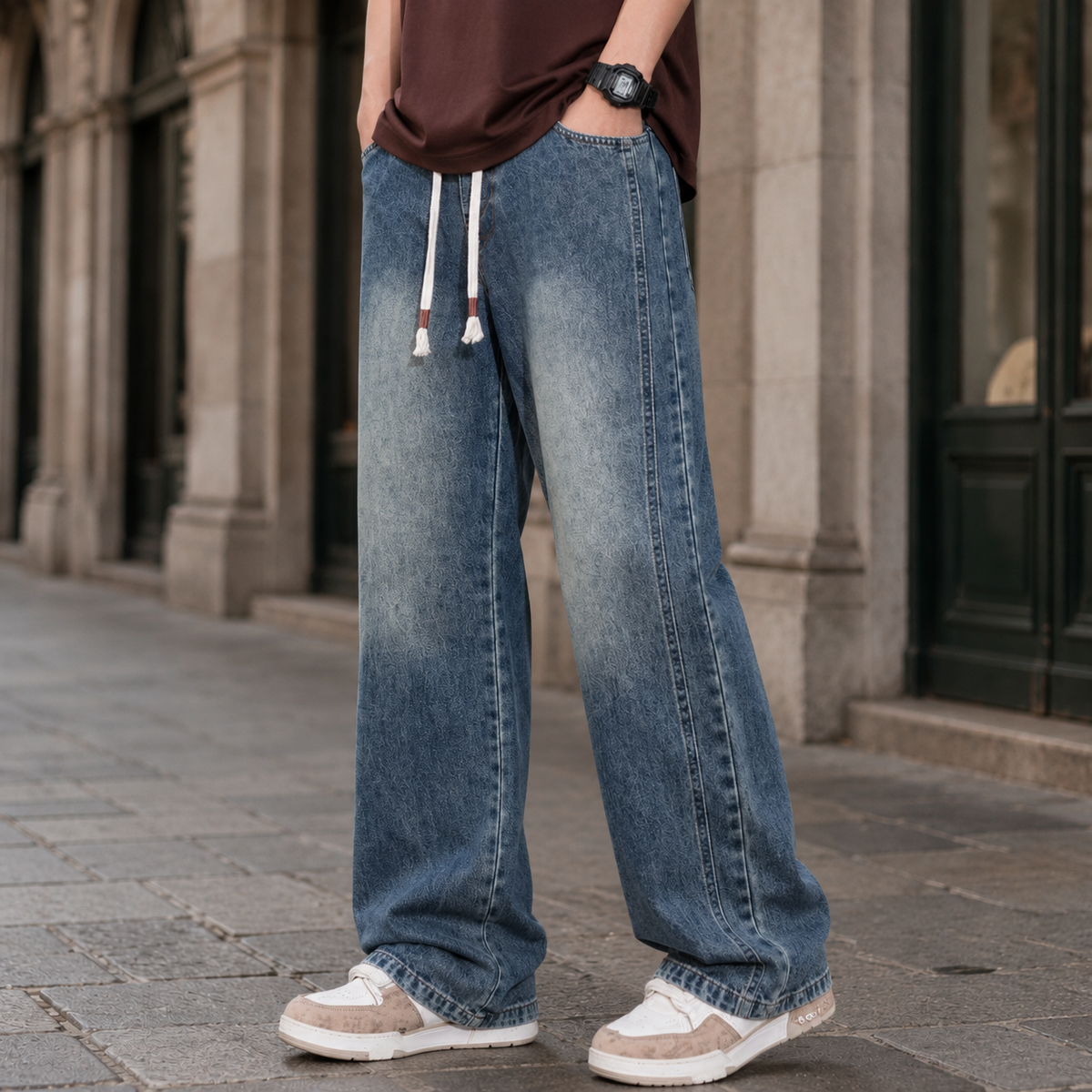 Back view of relaxed wide leg jeans showing the rear pockets