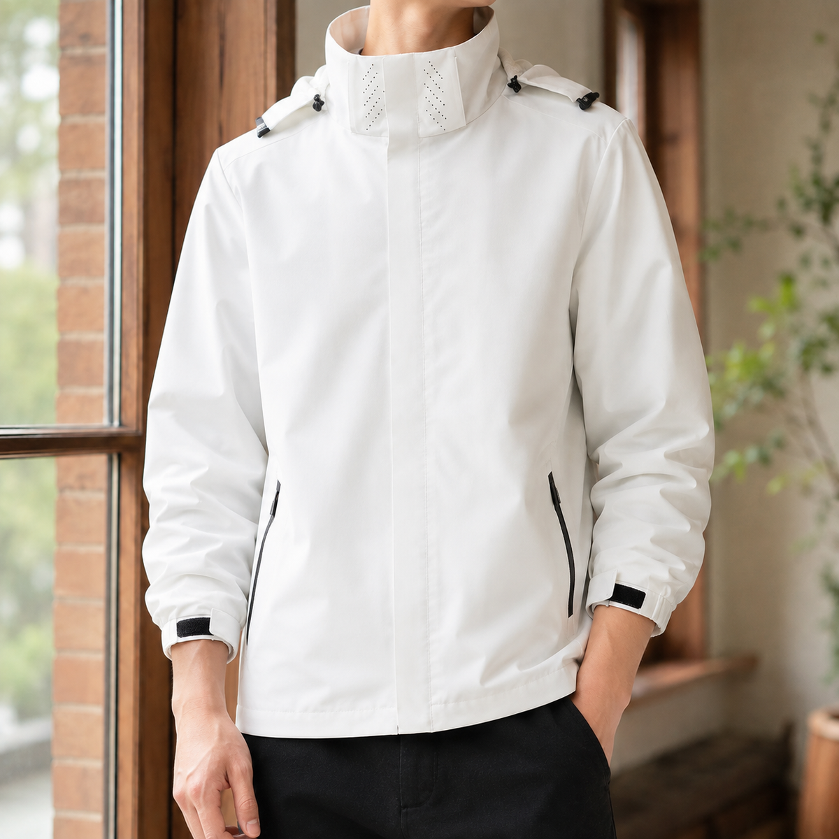 Side view of the hooded woven jacket showing its structured design