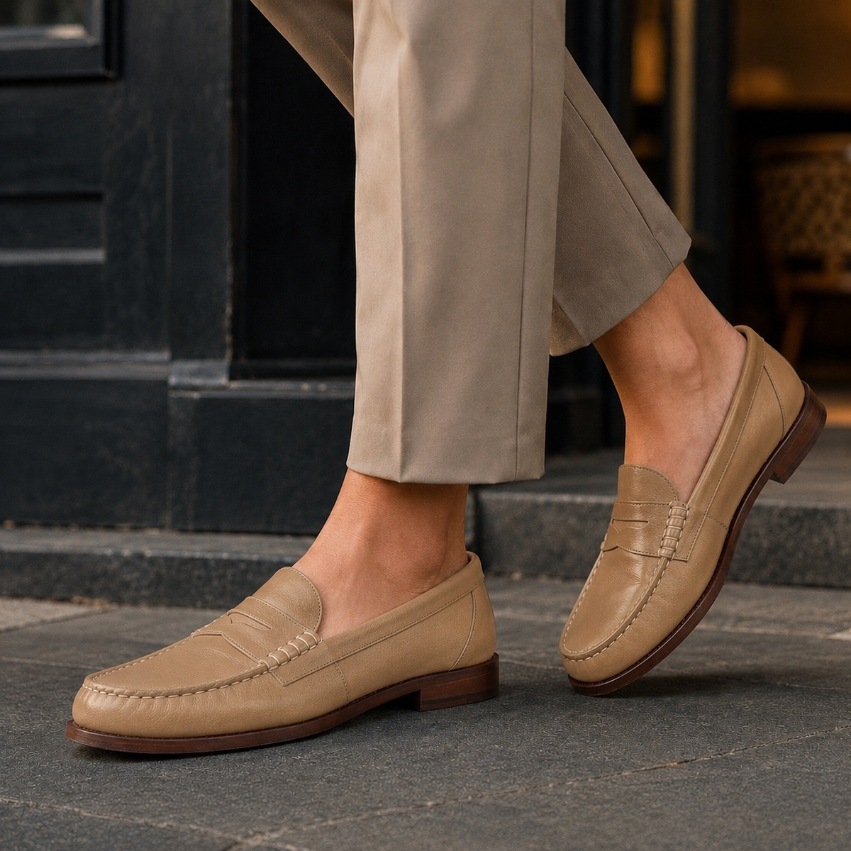 Side view showing the low stacked heels and slip-on loafer profile