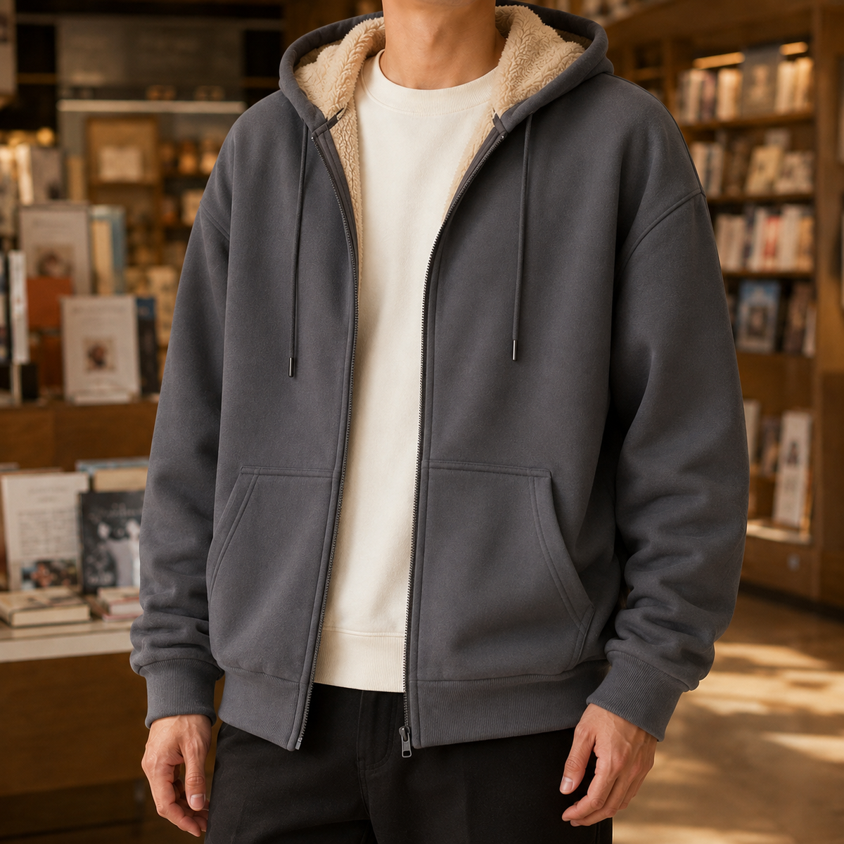 Sherpa-lined hoodie shown from the back with a relaxed fit and hood
