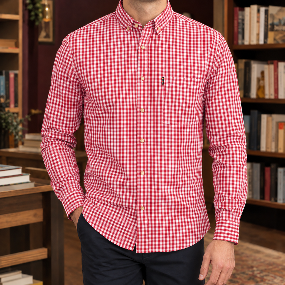 Close-up of the gingham pattern and button front