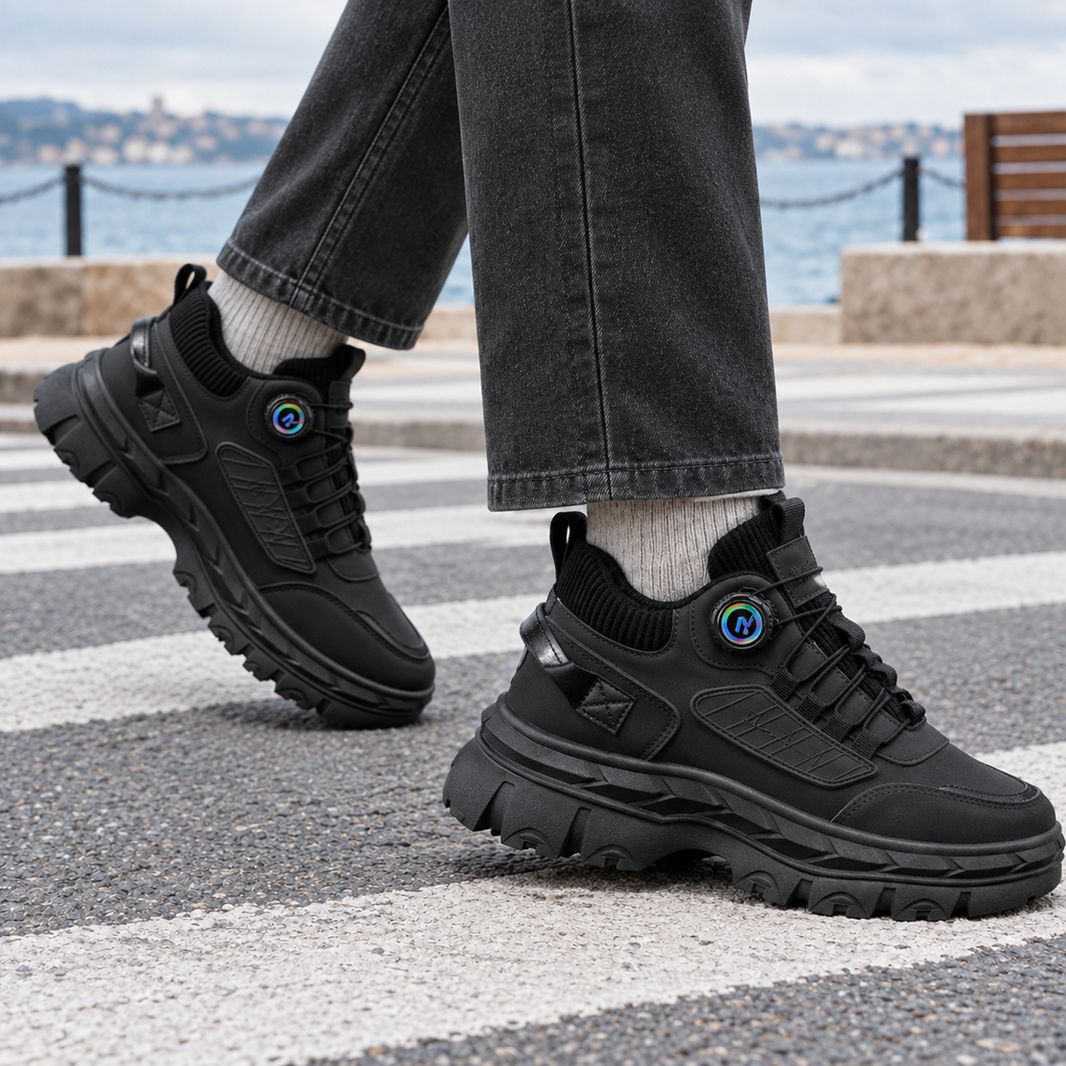 Close-up of the textured leather look upper on platform sneakers